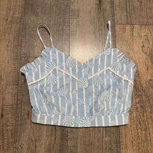 Batsheva x Laura Ashley Beca Blouse Blue Honningtoft Shells Print Crop Top Sz 4